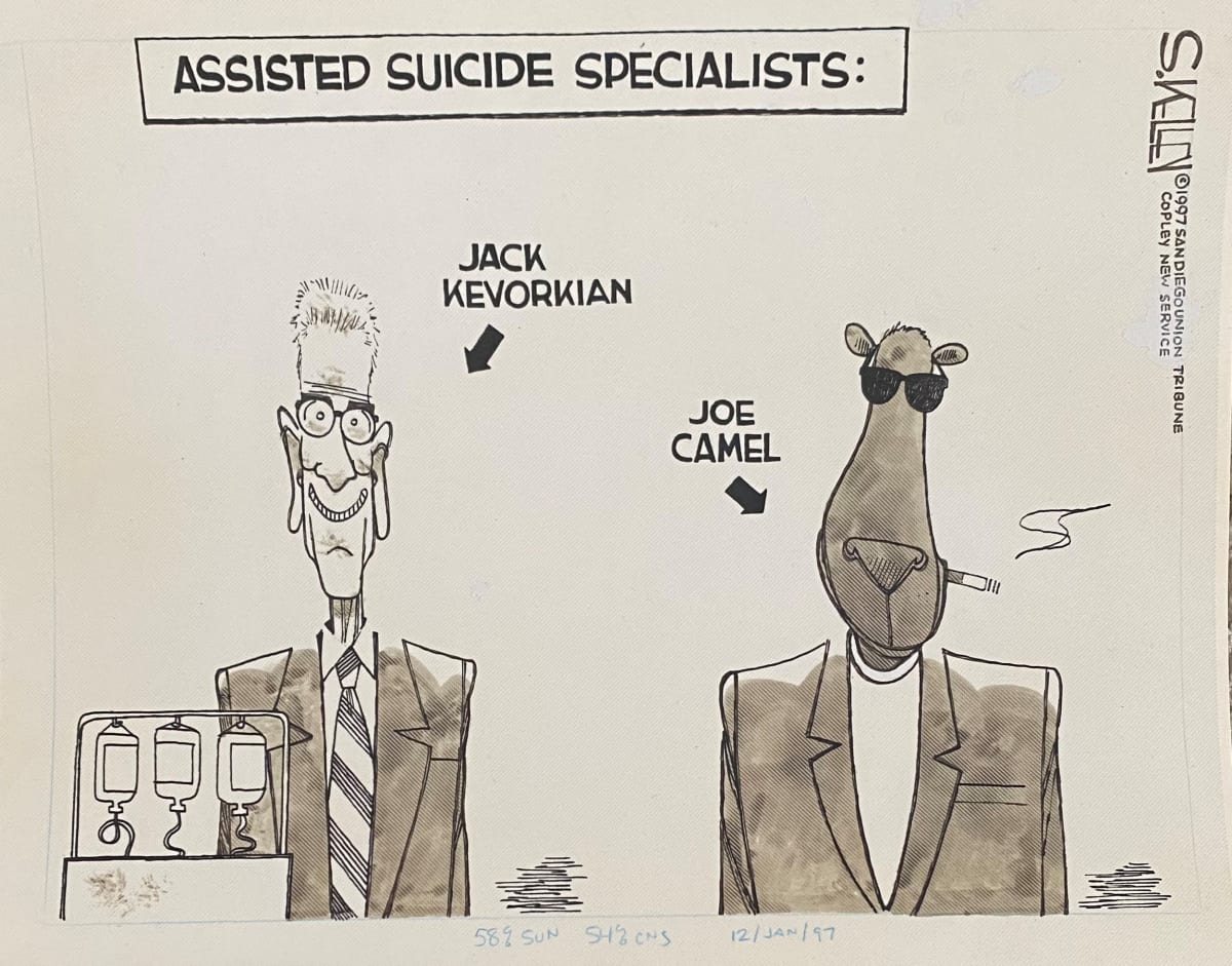 Assisted #Suicide Specialist #Kevorkian and Joe Camel by Steve Kelley  Image: Final for Press