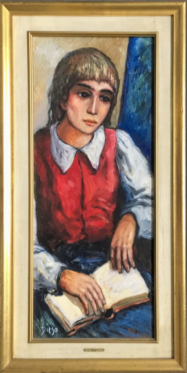 "Blind Reading Girl" by DIEGO #C100 in Gold-Leaf Painted Frame by Helga Voci by Antonio Diego Voci 