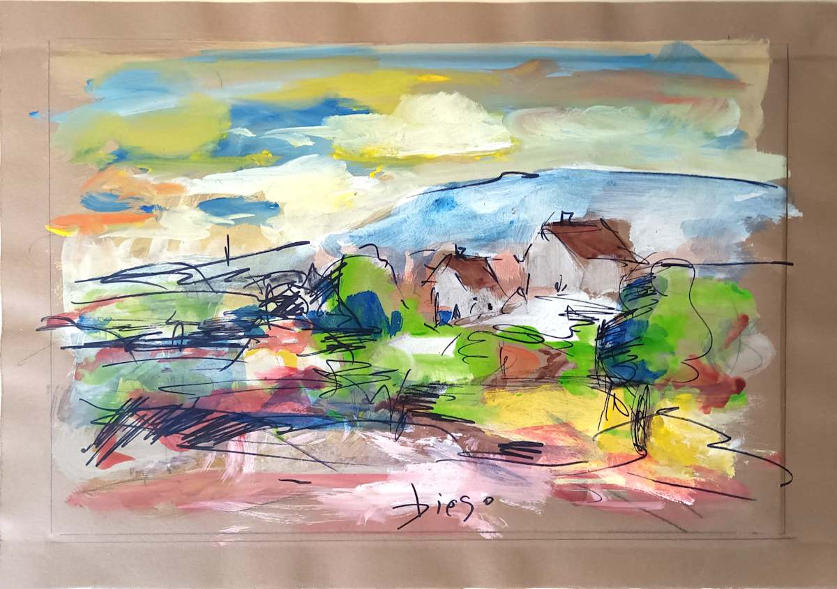 "Landscape" by Antonio Diego Voci  Image: Landscape Gouache and Ink on Posterboard 11.25 x 17.25 in. with lines for matting by Diego. Photo taken 19 July 2025. Removed matting to expose colors.