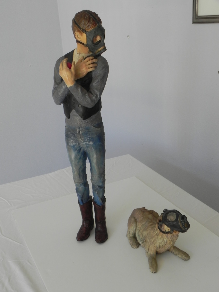 "Artist with Dog wearing Gas mask" by Leslie Ford by Leslie Ford 