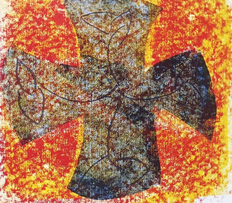 Red, yellow, blue cross by Diana Atwood McCutcheon  Image: monoprint