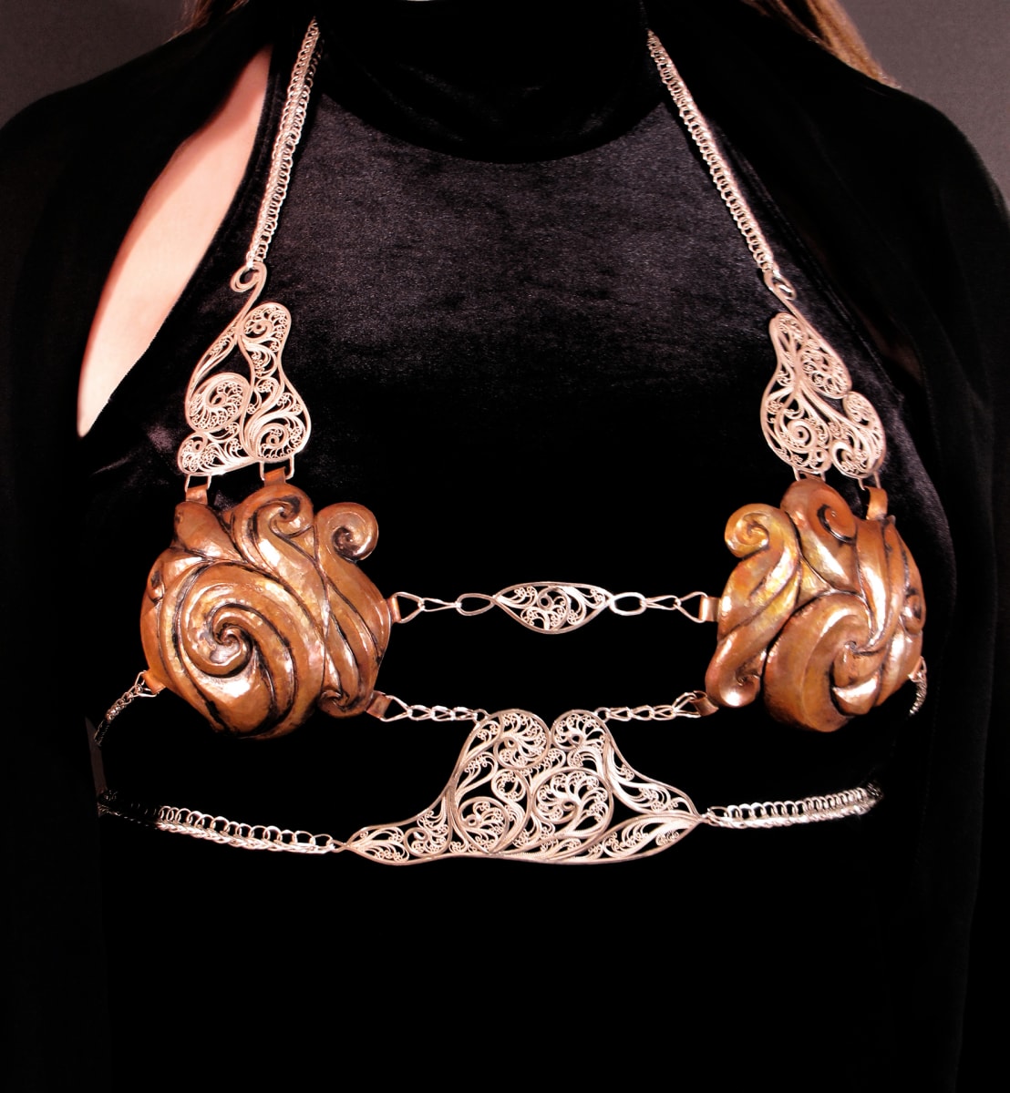 Aphrodite Goes to War by Victoria Lansford  Image: Halter on model, Russian Filigree, Eastern repoussé, with Roman and Original Vertebrate Chains 