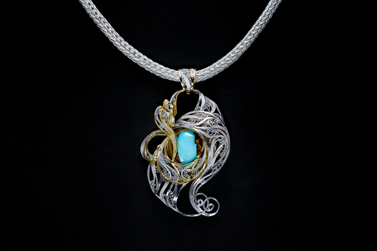 Fire Within by Victoria Lansford  Image: Fire Within, Russian filigree pendant on a 2-direction double-weave chain