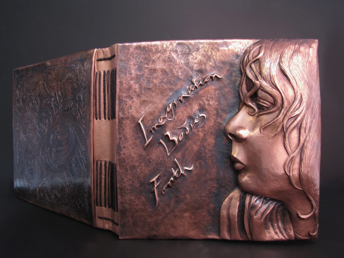 "Imagination Bodies Forth" by Victoria Lansford  Image: Book shown open with Eastern repoussé front cover and acid etched back cover