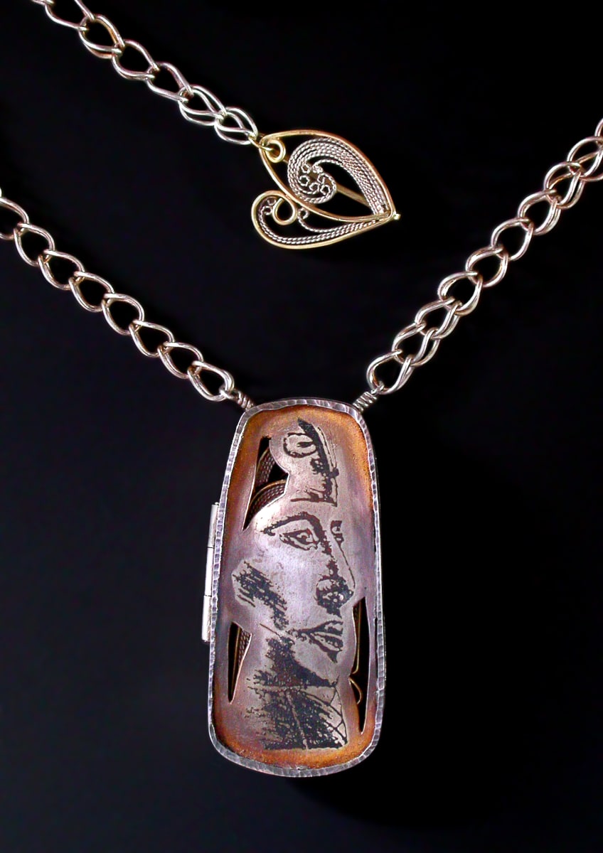 Reliquary for Eternity by Victoria Lansford  Image: Front, acid etched copper-clad silver of original drawing, pierced