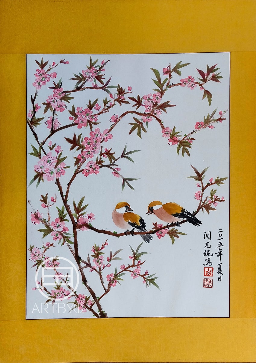 Plum Blossoms with Yellow Birds by ioni mendoza 