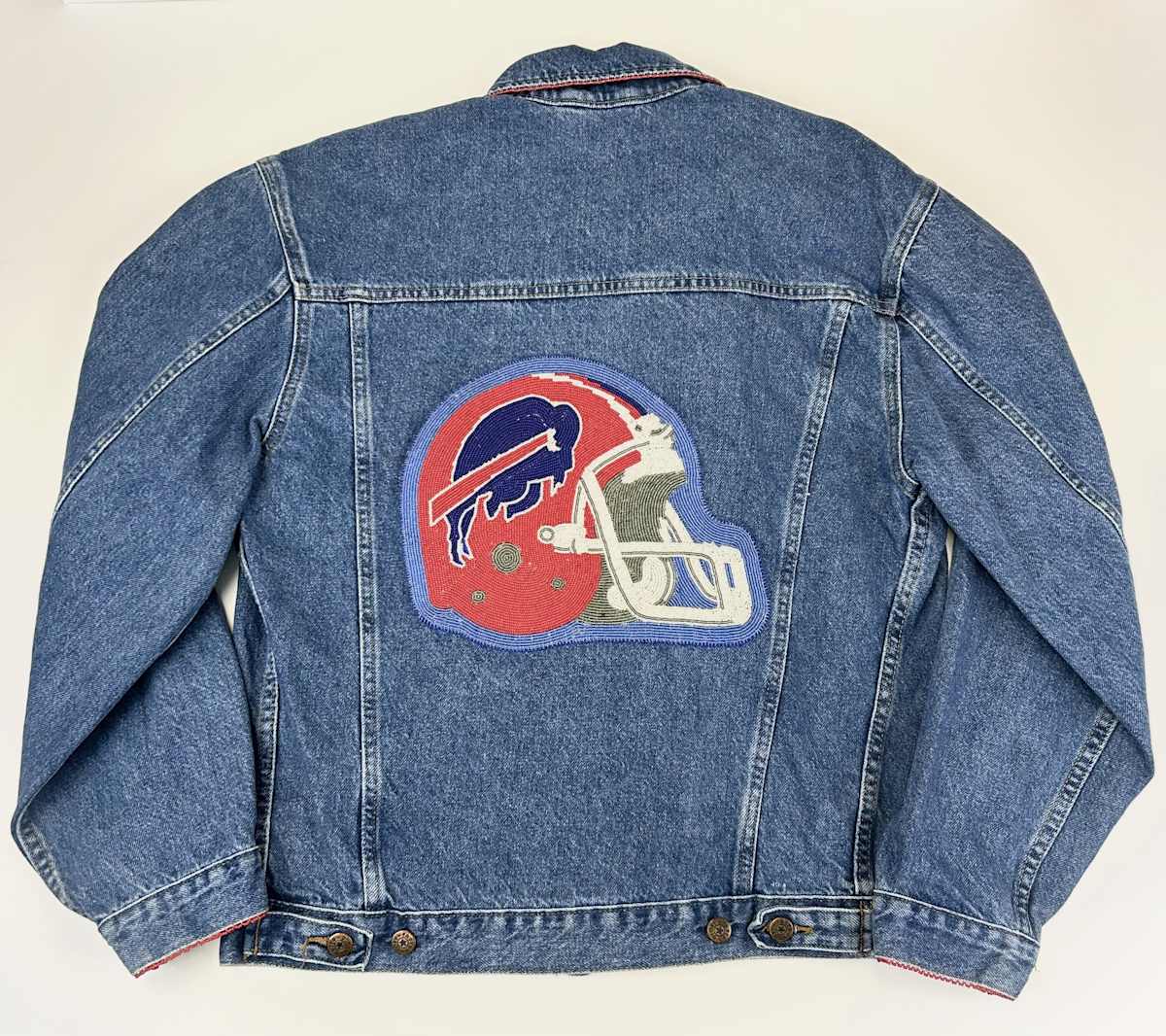 Denim Jacket with Beaded Buffalo Bills Logo by Cheryl Greene 