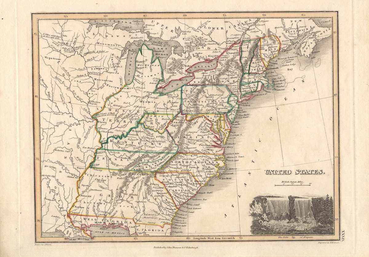 "The Falls of Niagara"  Vignette inset on James Wyld's map, "United States" by after C. Metz 