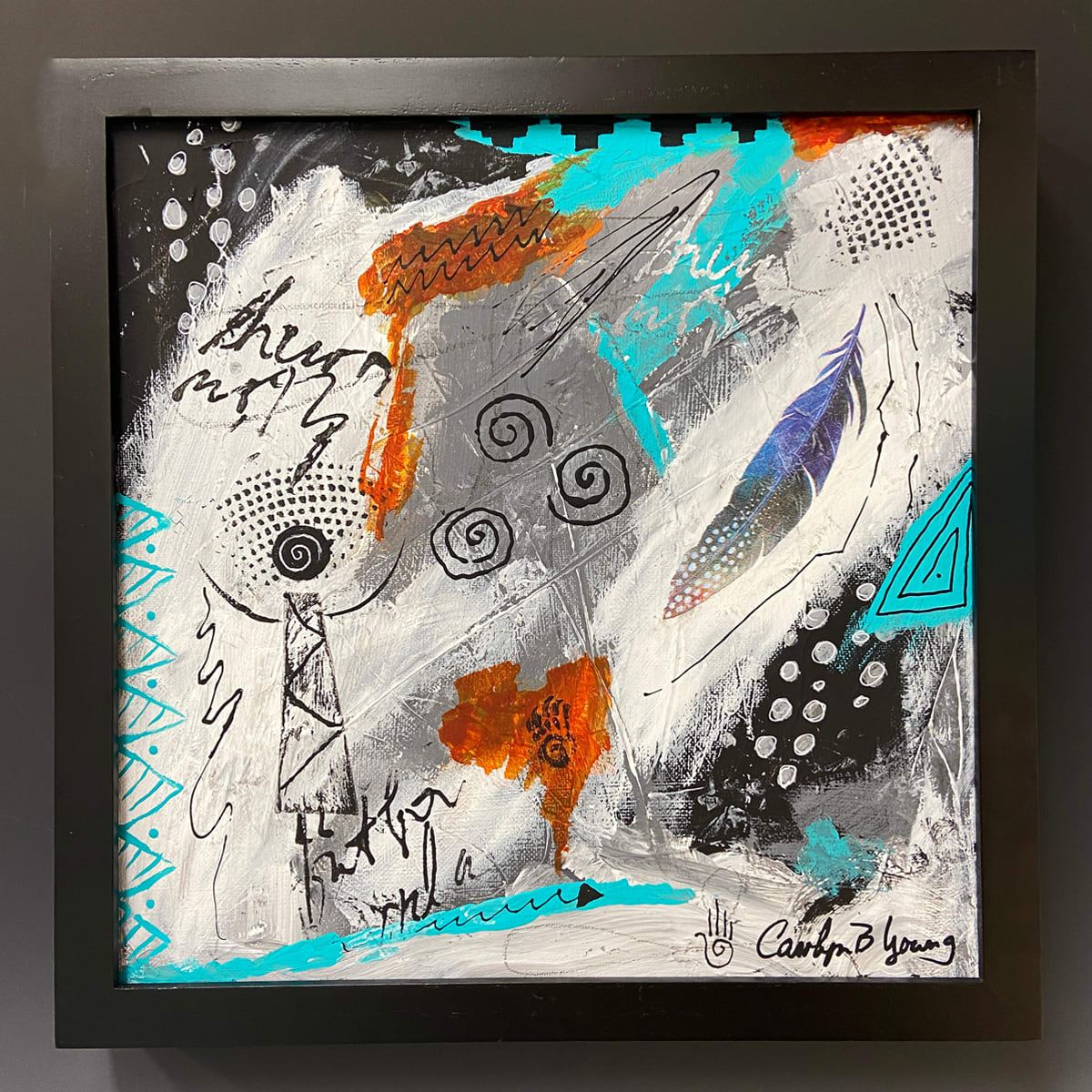 Her Wildest Dream Came True  Image: © Carolyn Bernard Young, Her Wildest Dreams Came True, 12 x 12 x .5″ canvas, acrylics, inks, collage, charcoal; 13.5 x 13.5 x 1.5″ framed.