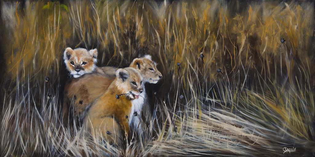 Little Princes by Chantal  Image: 3 lion cubs playing in tall grass