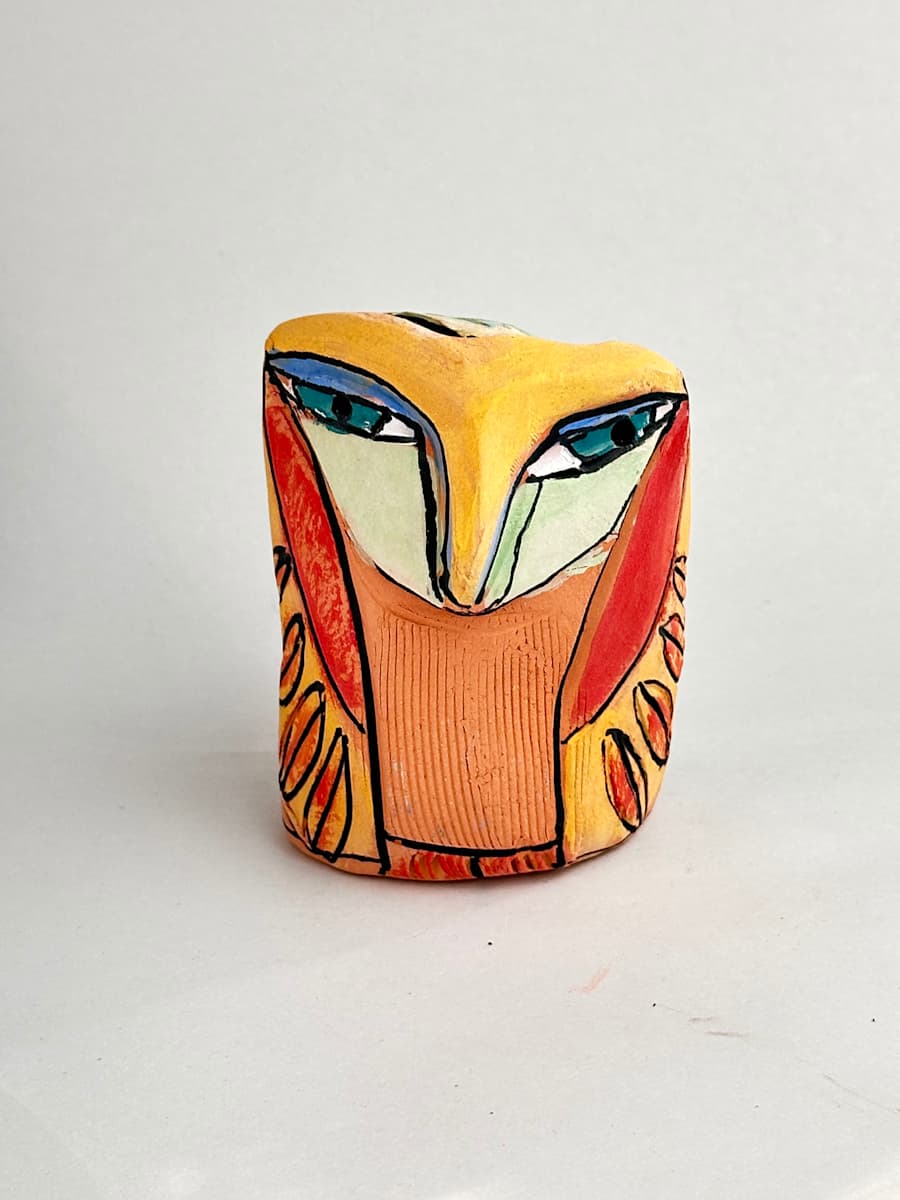 "Owl Person at One with the Fire” by Blue Fire MacMahon  Image: Owl art, ceramic owl, whimsical, colorful owl figurine, "Owl Person at One with the Fire”, SIZE 3-1/2 inches tall