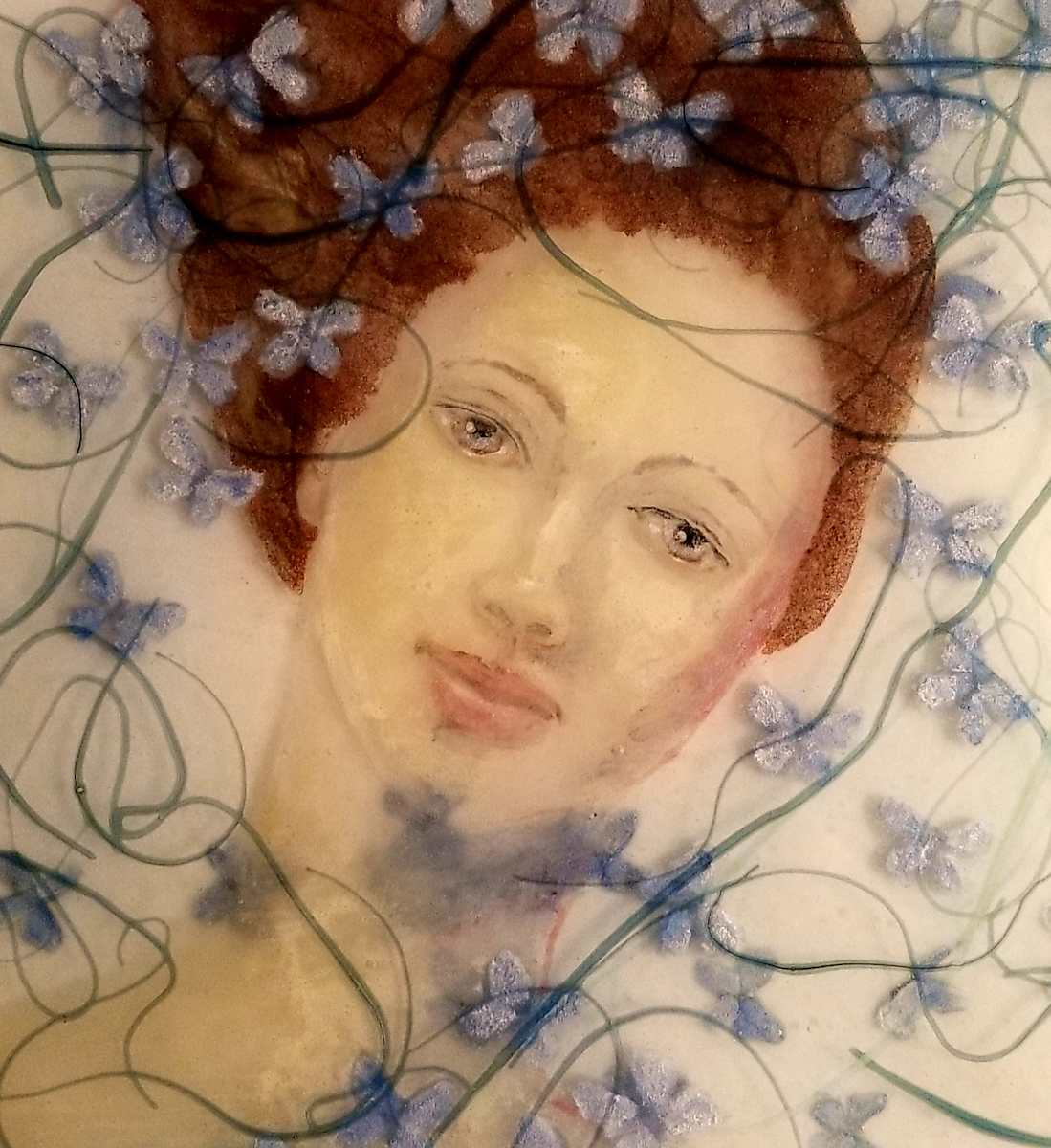 Ethereal by Deborah Johnson  Image: layered hot worked glass with glass powder drawing,  platinum butterfly wings