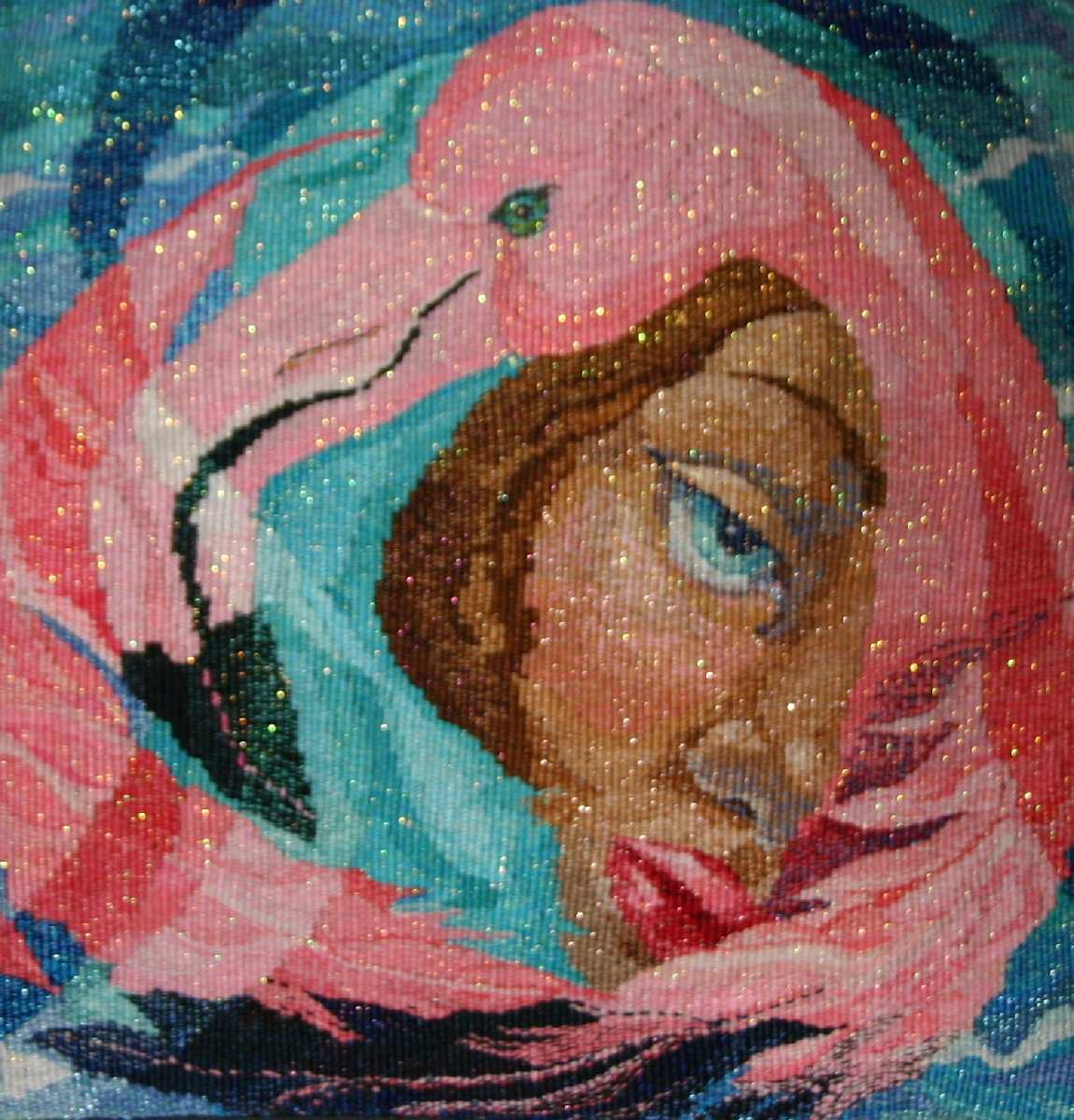 Leda's Caribbean Vacation by Deborah Johnson  Image: Tapestry; hand dyed silk thread, holographic monofilament, linen warp