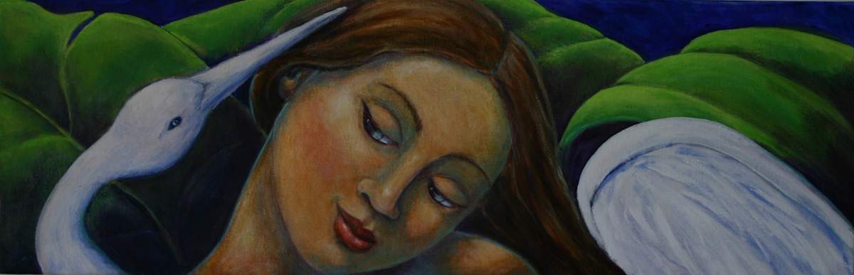 Wishing for Wings by Deborah Johnson  Image: White heron with a woman, Acrylic painting