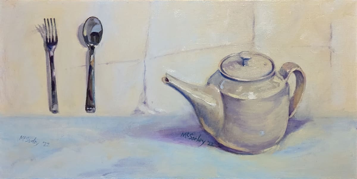 White Teapot with spoon and fork by Michael McSorley, Image 1.