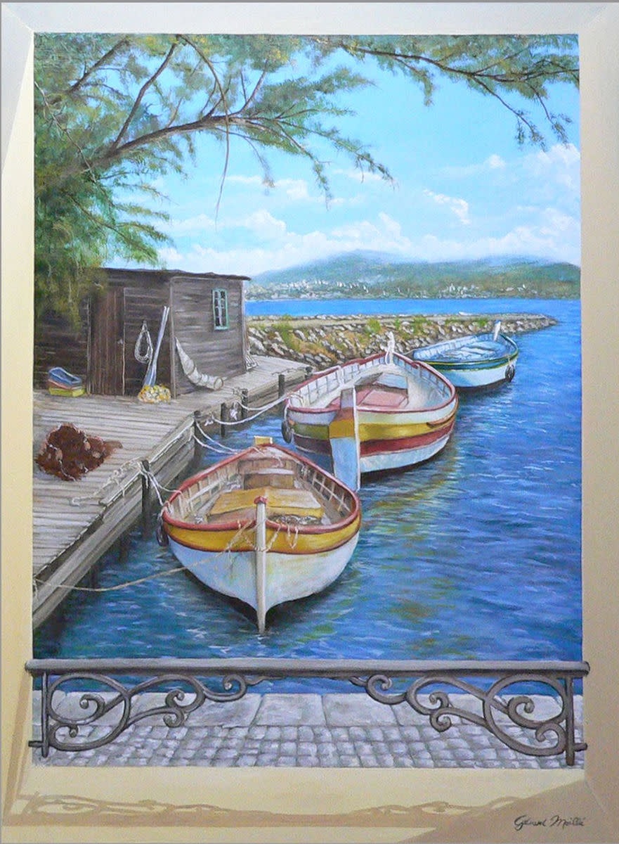 After Fishing by Gerard  Image: "After Fishing" is a waterfront painting in "Trompe L'oeil" style, featuring a view from a window in front of a stone promenade. 