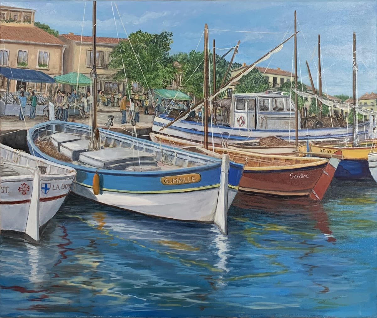 Fish Market Day by Gerard  Image:  "Fish Market Day" is a vibrant and detailed painting of a coastal scene, capturing the essence of Mediterranean coastal town life.