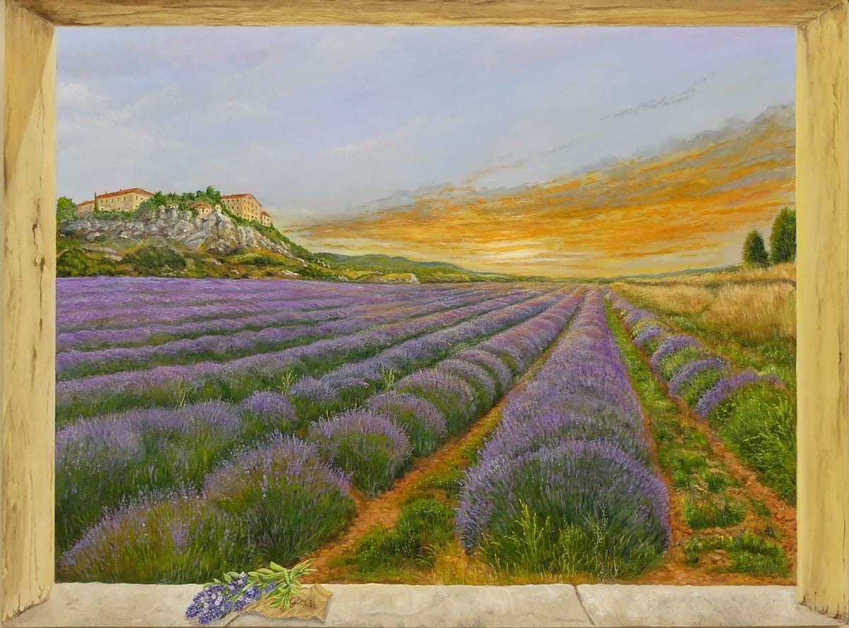 Champs de lavande -(Lavender field) by Gerard  Image: "Champs de Lavande" is a "Trompe L'oeil" which captures the vibrant and tranquil atmosphere of a rural landscape, typical of "Provence" in Southern  France.