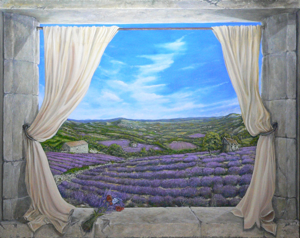 Lavender & Poppies by Gerard  Image: "Lavender and Poppies" is a very large "Trompe L'oeil", depicting fields of lavender and poppies stretching into the distance, as seen through the window of an ancient stone building. 