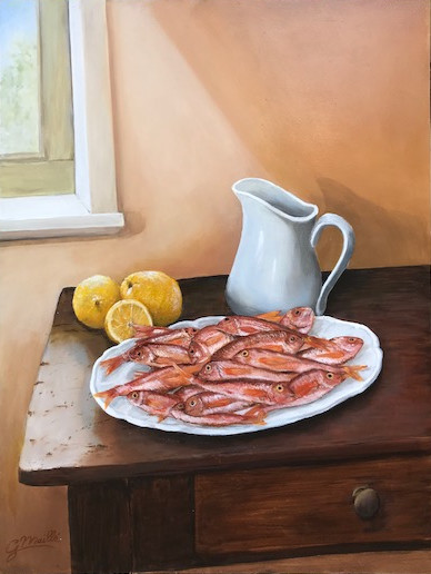"Les Rougets" The Red Mullets by Gerard  Image: "Les Rougets" is a still life composition that captures the essence of a carefully arranged culinary scene. 