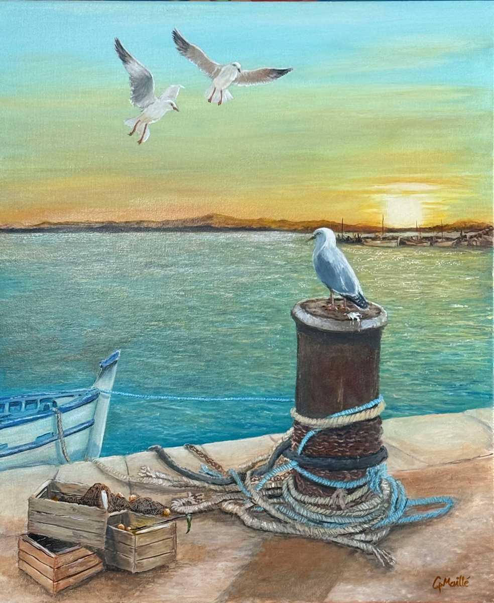 Meeting Point by Gerard  Image: The artwork is a serene and picturesque painting of a seaside scene at sunset