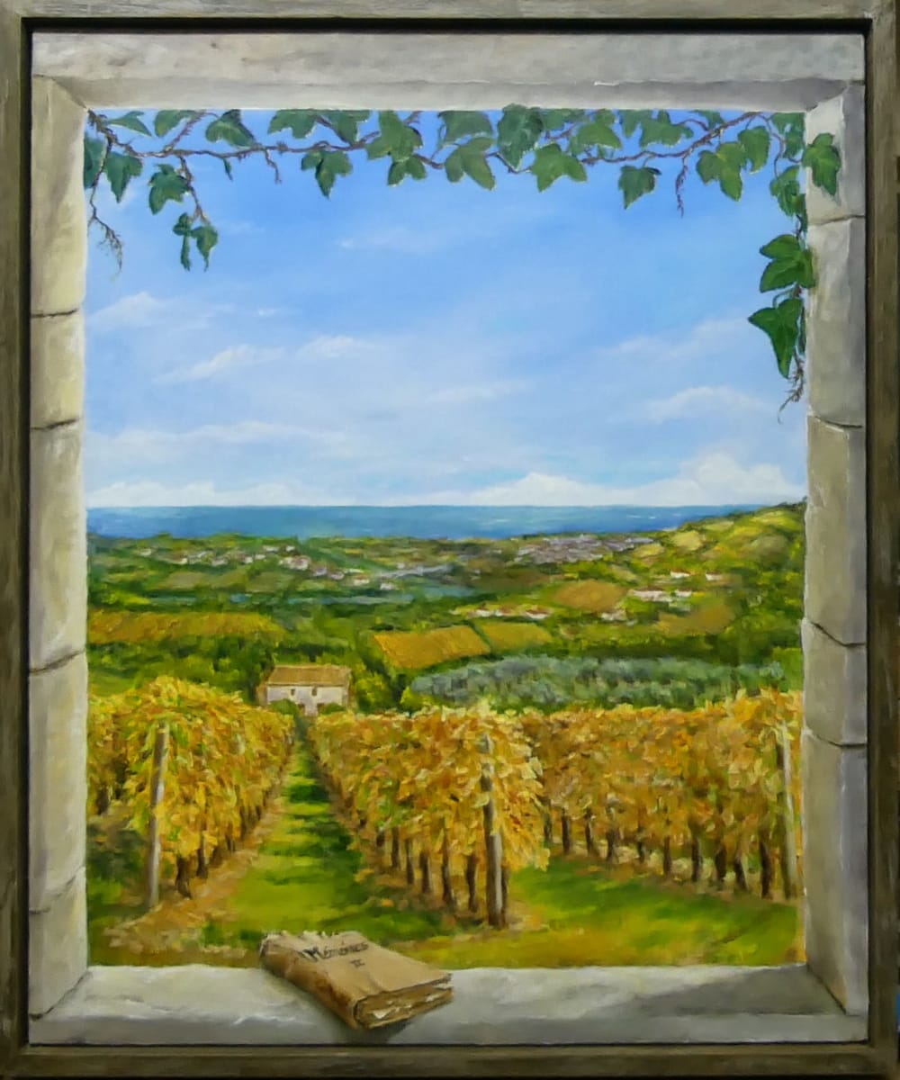 Vineyard in Autumn by Gerard  Image: "Vineyard in Autumn" is a "Trompe L'oeil" depicting a scenic vineyard through an open stone-framed window. 