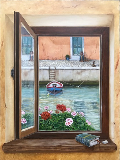 A Fisherman's Chores by Gerard  Image: "A Fisherman's Chores" is a window view of a canal, typically Mediterranean,  in "Trompe L'oeil" style. 