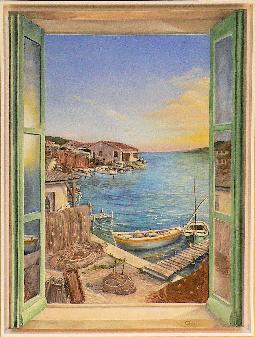 Morning Reflexions by Gerard  Image: "Morning Reflections" is a "Trompe L'oeil" of a Mediterranean coastal scene in the early morning, as the sun begins to reflect on the sea.