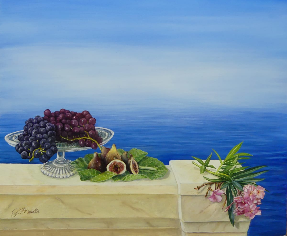 Mediterranean Bounty by Gerard  Image:  "Mediterranean Bounty" showcases a serene, still life arrangement on a marble balustrade of a terrace. 