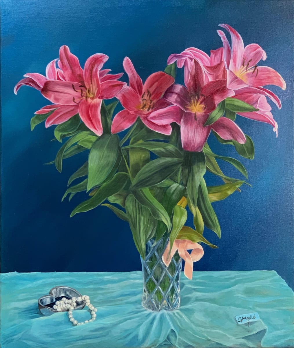 "Pearls of Serenity" by Gerard  Image: "Pearls of Serenity", a stunning oil painting of lilies in a glass vase. The vibrant colours, intricate details, and realistic textures make this piece truly special. 