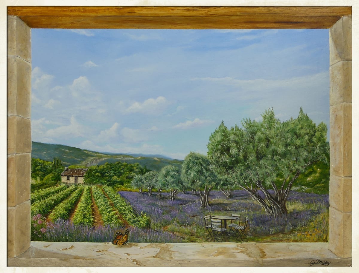 Garden of Provence by Gerard  Image: "Garden of Provence", in "Trompe L'oeil" style, is a serene and picturesque scene of the countryside observed through an open stone window. 