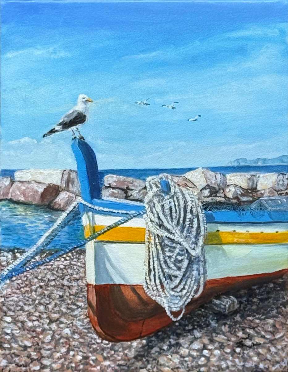 Seagull's Vigil by Gerard  Image: A seagull kept vigil over the painted bow, a scene filled with the quiet energy of observation. The oil on canvas, framed at 20.5 by 25.5 centimetres, presents a coastal scene where a solitary seagull stands guard on a boat, adding a sense of stillness and gentle motion.