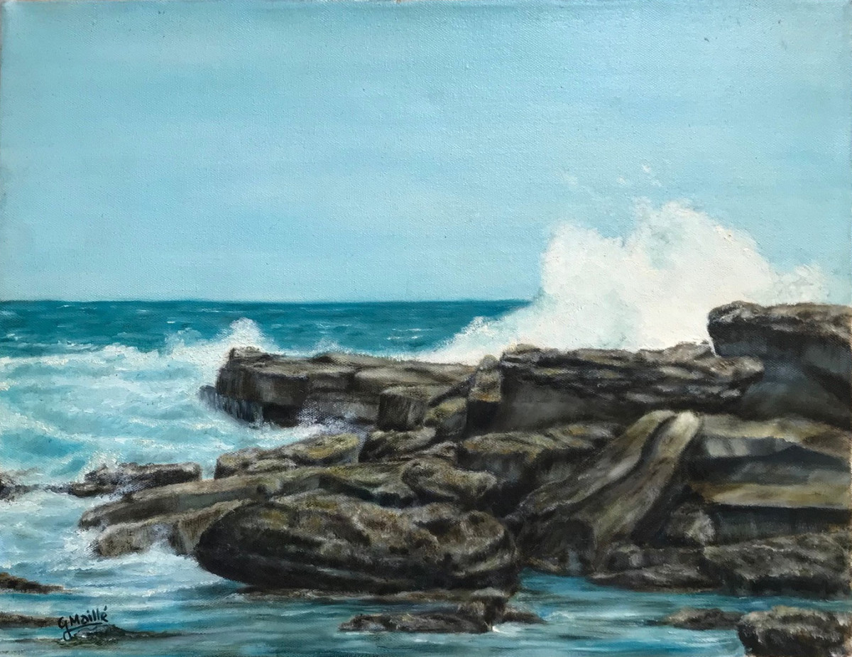Symphony by the Sea by Gerard  Image:  "Symphony by the Sea" captures the breathtaking beauty of a rocky coastline. The rocks are layered with shades of grey and brown, showcasing the effects of erosion and weather