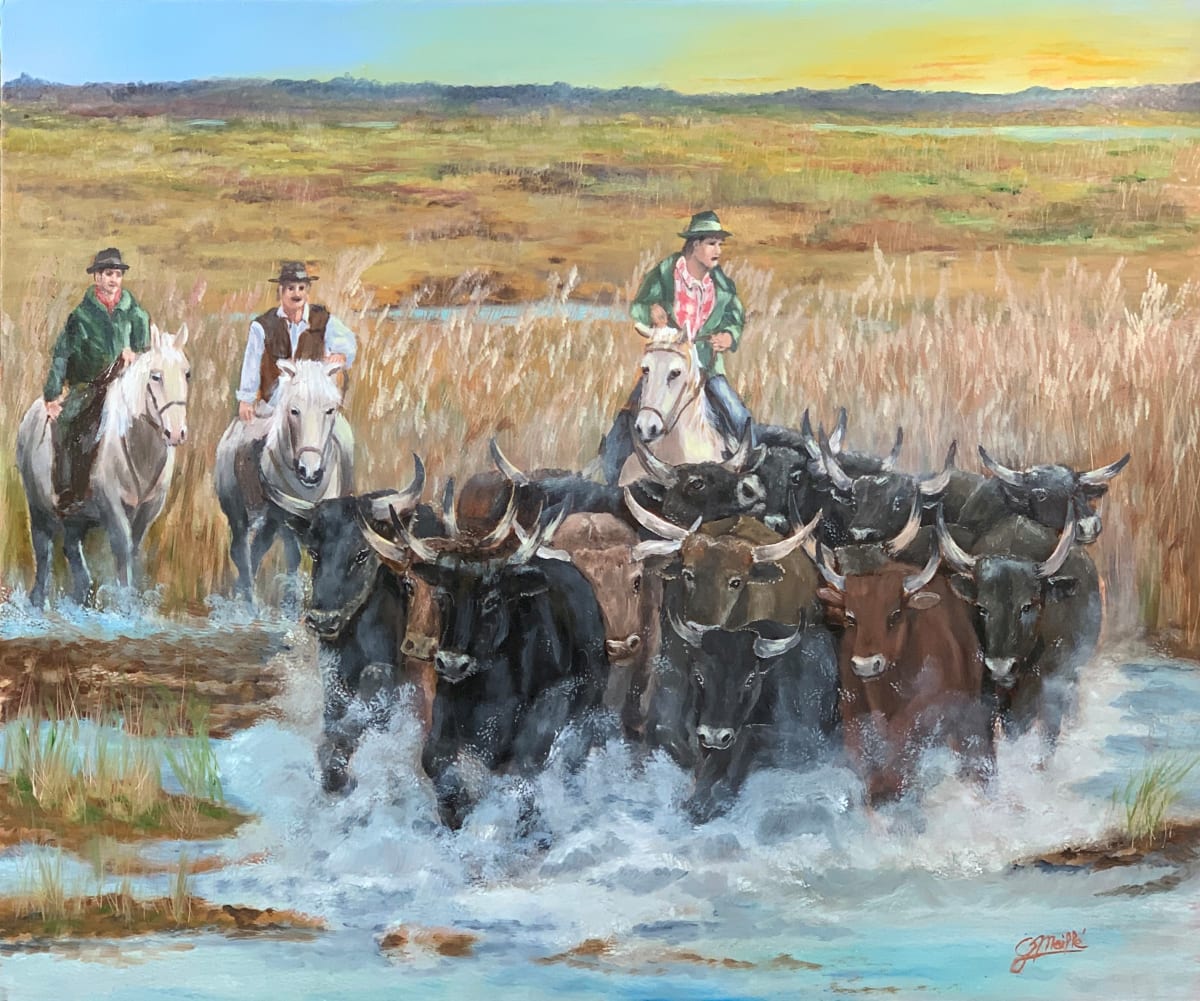 Moving the Herd by Gerard  Image: In the Early morning, in Camargue, the manadiers are moving the Taurus herd toward a new pasture