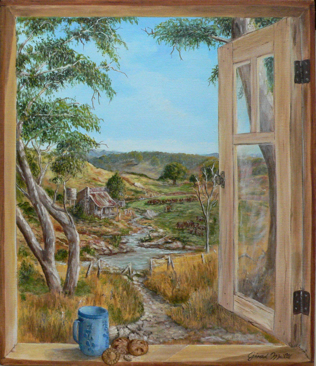 Window to Serenity by Gerard  Image: "Window to Serenity" is a "Trompe L'oeil" which showcases a window view of a farm scene in rural Australia.