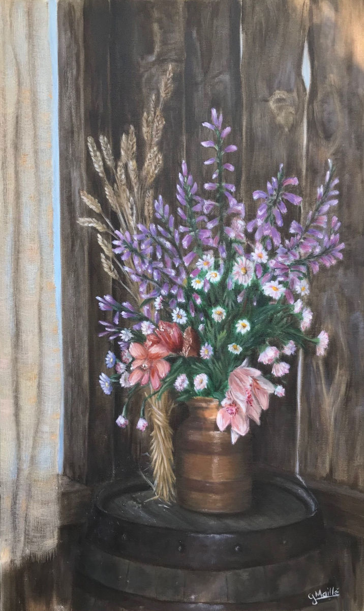 Rustic Blooms by Gerard  Image: "Rustic Blooms" showcases an elegant floral arrangement in a rustic brown pot, sitting on a wooden barrel. 
