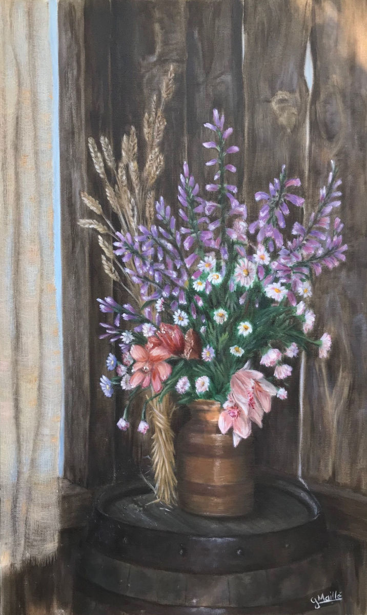 Rustic Blooms by Gerard  Image: "Rustic Blooms" showcases an elegant floral arrangement in a rustic brown pot, sitting on a wooden barrel. 
