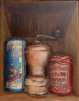 Vintage Morning Nostalgia by Gerard  Image: Vintage tins and coffee grinder trompe l'oeil composition.
