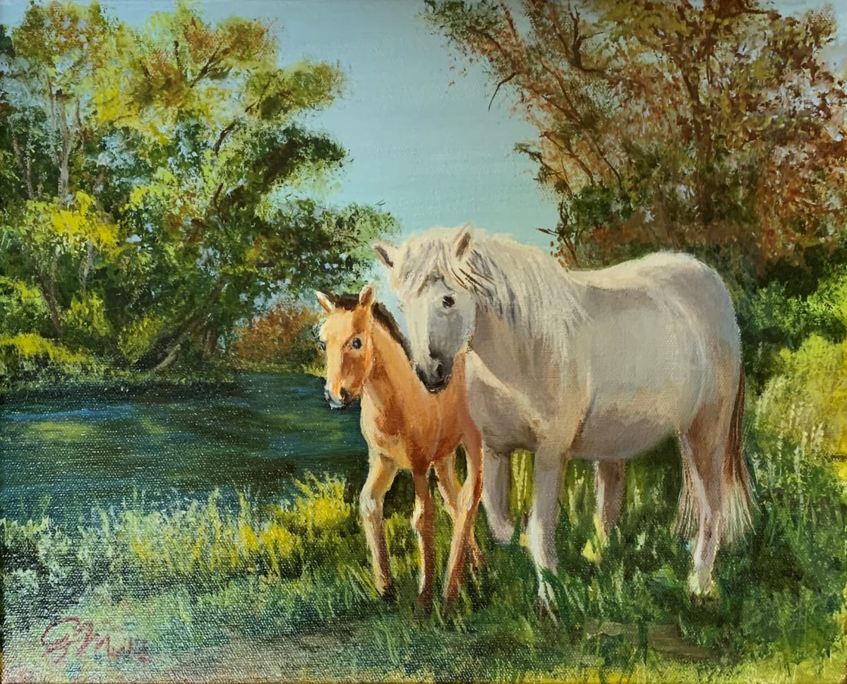 Whispers of the Wild by Gerard  Image: "Whispers of the Wild" is a serene oil painting capturing the beautiful bond between a white adult horse and its foal in a grassy clearing. 