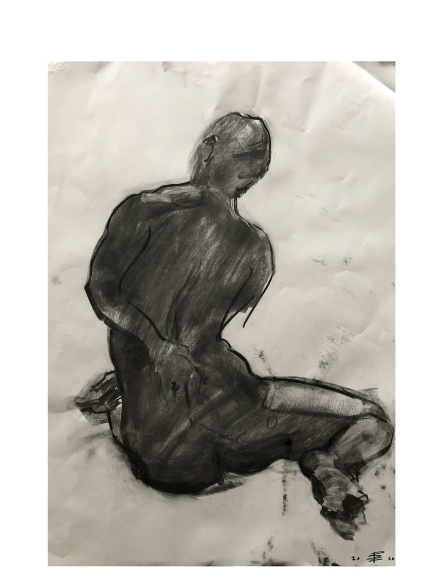 Figure drawing of a young man, seated with arm behind his back. by Brendan Fitzpatrick 費博東 