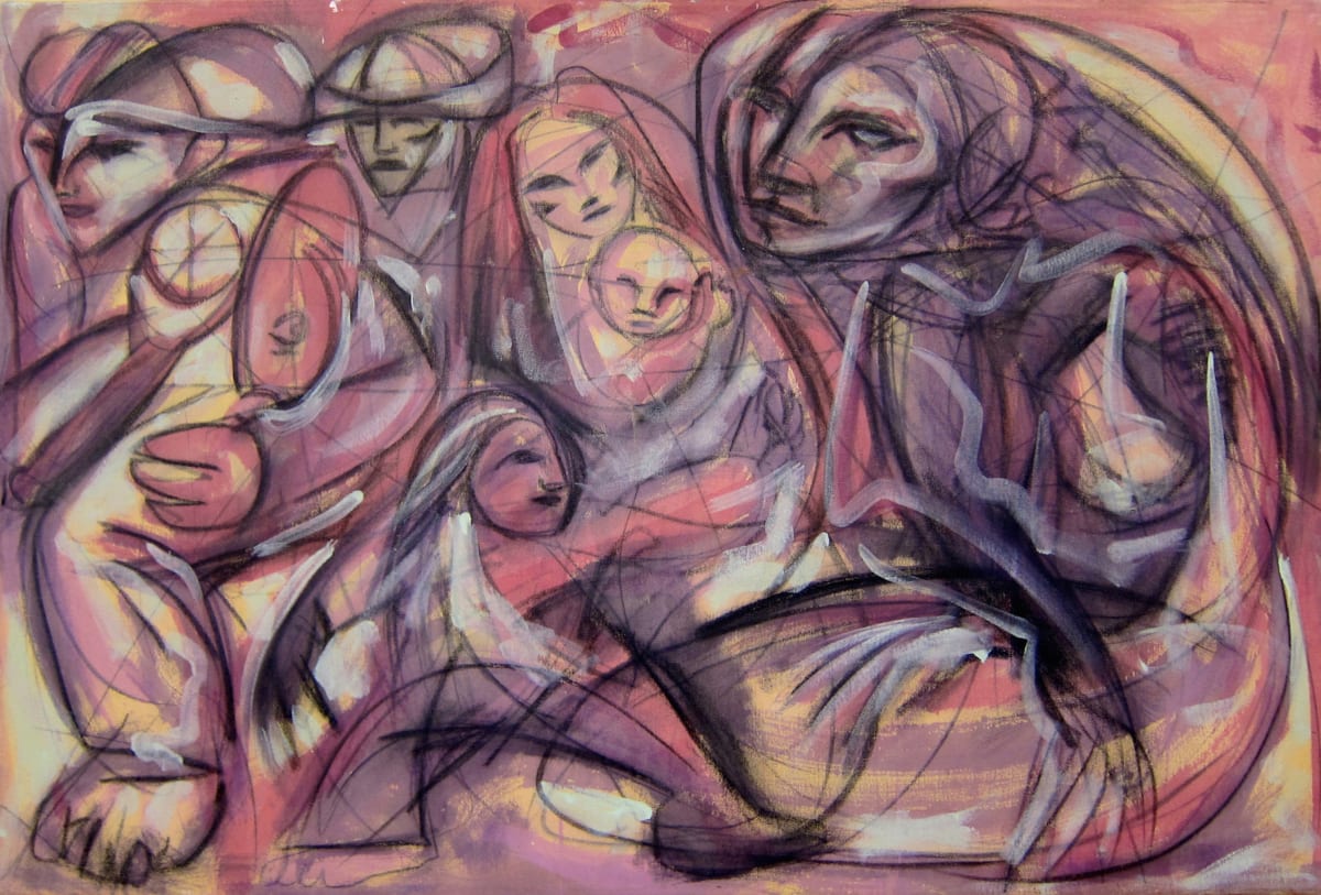 La Familia by Jimmy Longoria  Image: "La Familia" holds a special place in my heart as it represents a culmination of my artistic journey and mission. Measuring 36"H x 54"W, "La Familia" is an abstract composition crafted with charcoal and acrylic on canvas. The human figures within the piece are intertwined in a fluid and dynamic manner, brought to life with sweeping lines and a striking palette of purples, pinks, and hints of yellow and red. The cubist-inspired overlapping shapes and perspectives add depth and movement, conveying a powerful sense of emotion. Originally conceived as a mural sketch, this artwork has grown into a personal touchstone, reminding me of my commitment to overcoming adversity through art. It embodies the essence of my journey as a Chicano Artist and my aspiration to challenge the effects of racism and anti-immigration with competence and creativity. 