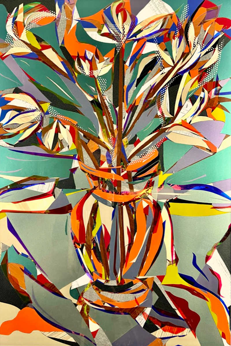 Flores Series:  Flores en Verde by Jimmy Longoria  Image: "Flores en Verde," measuring 36 inches by 24 inches and crafted with innovative 3M vinyls and films, presents an abstract bouquet of flowers in a vase. Through bold, fragmented shapes and an array of contrasting colors—orange, blue, green, and red—the composition is infused with movement and vibrancy. This artwork is a tribute to courageous leaders, celebrating their high ideals with a lively and modern aesthetic. 