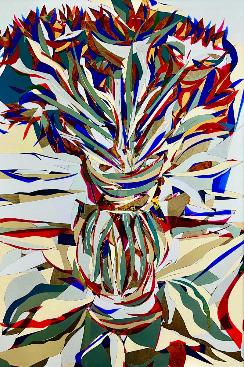 Flores Series:  Flores en Blanco by Jimmy Longoria  Image: "Flores en Blanco" is part of my series of abstract artworks featuring bouquets in vases. Created with innovative 3M vinyls and films, this piece measures 36 inches by 24 inches and is a vibrant exploration of form and color. The dynamic array of sharp, angular shapes in reds, blues, greens, and creams interweaves to create a sense of movement and complexity. "Flores en Blanco" is more than just a visual spectacle—it's a tribute to courageous leaders and their unwavering commitment to high ideals. This work celebrates accomplishments with an unconventional and modern aesthetic. I'm excited to share more about the inspiration and creative process behind this piece soon.