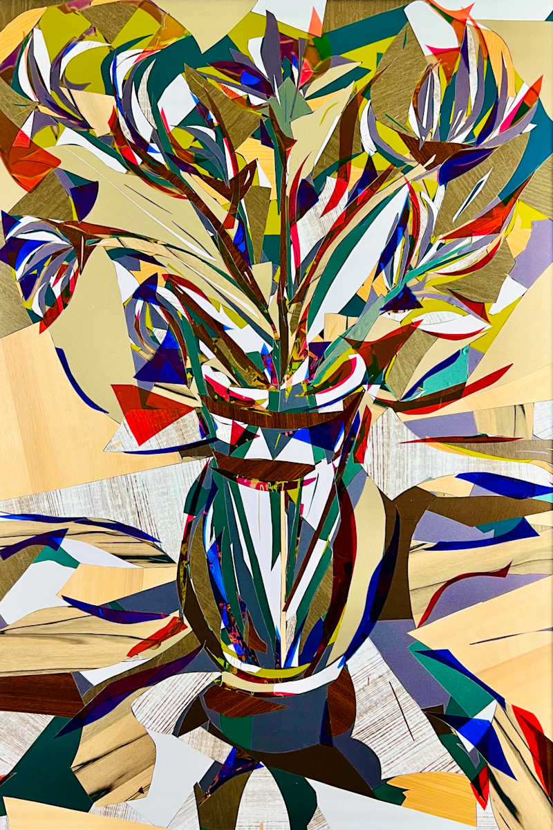 Flores Series:  Flores de Oro by Jimmy Longoria  Image: "Flores de Oro" is a unique artwork crafted with 3M Vinyls and Films measuring 36 inches high by 24 inches wide. This vibrant and abstract representation of a vase with flowers explores an energetic interplay of colors—reds, blues, greens, and yellows—that form bold shapes and dynamic lines. The composition is a celebration of movement, complexity, and modernity, inspired by the resilience and ideals of courageous leaders. Through the whimsical and abstract nature of the bouquets, I aim to honor their accomplishments and unwavering commitment. I'm eager to share more about the inspiration and creative process behind "Flores de Oro" with you soon.
