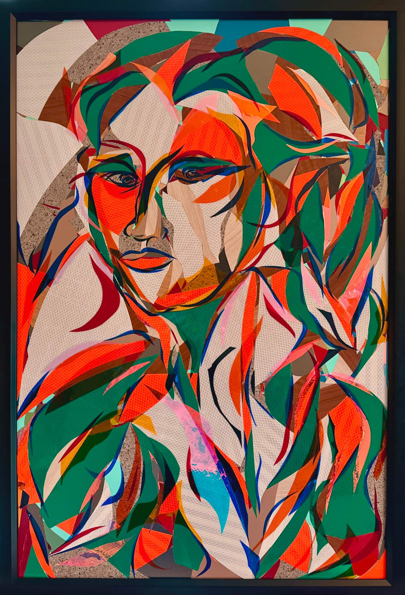 Green Butterfly by Jimmy Longoria  Image: I'm delighted to share "Green Butterfly," an abstract work crafted with 3M architectural vinyls and prismatic films. This piece draws inspiration from the powerful narrative of Madama Butterfly, capturing the essence of sacrifice and love through a vibrant tapestry of colors and forms. Spanning 36 inches tall and 24 inches wide, the artwork features a striking mosaic of bold hues such as orange, green, pink, and blue, forming the face and upper body in an expressive, dynamic manner. One of the unique aspects of "Green Butterfly" is how the reflective materials interact with light and perspective, offering viewers a captivating visual experience that's ever-changing. 