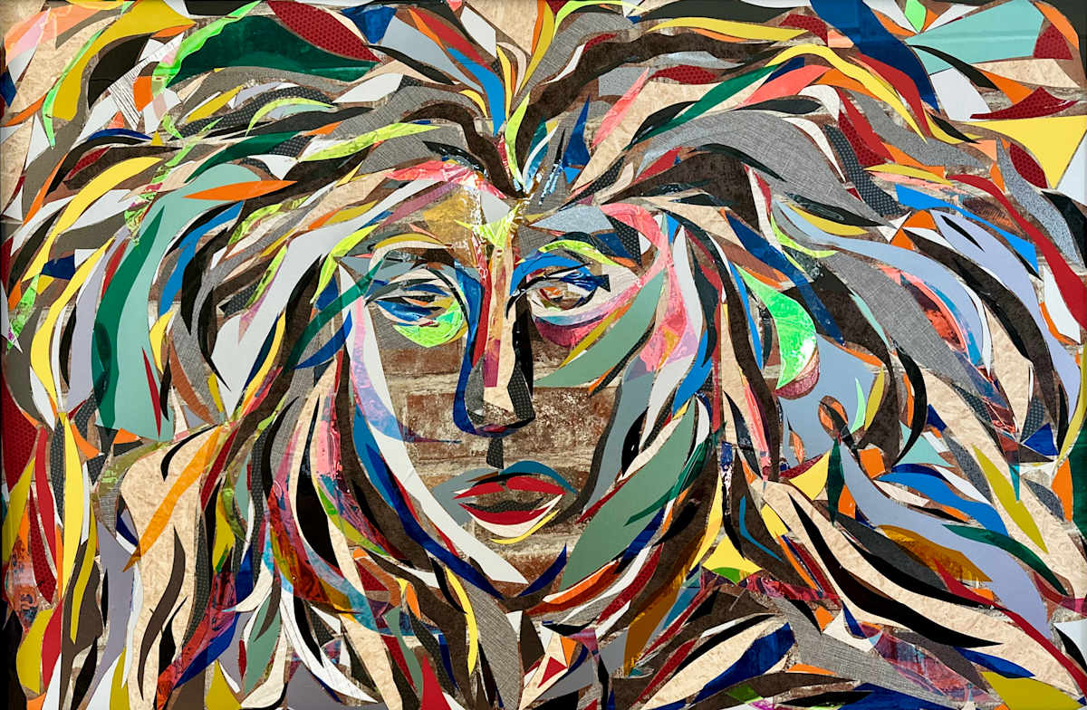 Elvira by Jimmy Longoria  Image: "Elvira" is a captivating composition crafted with 3M architectural vinyls and prismatic films. This piece is a vibrant, abstract collage centered around a face, enveloped by a cascade of striking multicolored hair. The 24"x36" artwork is a dynamic blend of irregular shapes and diverse textures, with prominent features highlighted by bold lines and a myriad of hues. "Elvira" started as an abstraction, evolving into the expressive face you see now. It represents a journey through its lively and energetic design. I'm eager for you to experience the vibrant energy and captivating presence of "Elvira" as it finds its place in your space.