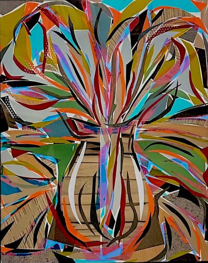 Cannas in Wood Vase by Jimmy Longoria  Image: "Cannas in Wood Vase" is an intimate and vibrant exploration inspired by the optimism of the cannas growing in my sunroom. This 20-inch high by 16-inch wide piece is crafted with 3M Architectural Vinyls and Prismatic Films, bringing to life an abstract interpretation of a vase filled with swirling, energetic leaves or flowers. The artwork's dynamic and colorful palette, featuring reds, oranges, greens, blues, and purples, captures a lively, expressive bouquet that dances with movement and energy. My aim was to create a visual experience that feels both structured and free-flowing, offering a captivating complexity. I'm eager to share this piece with you, as it invites viewers to explore the interplay of color and form that reflects the beauty of optimism and nature.