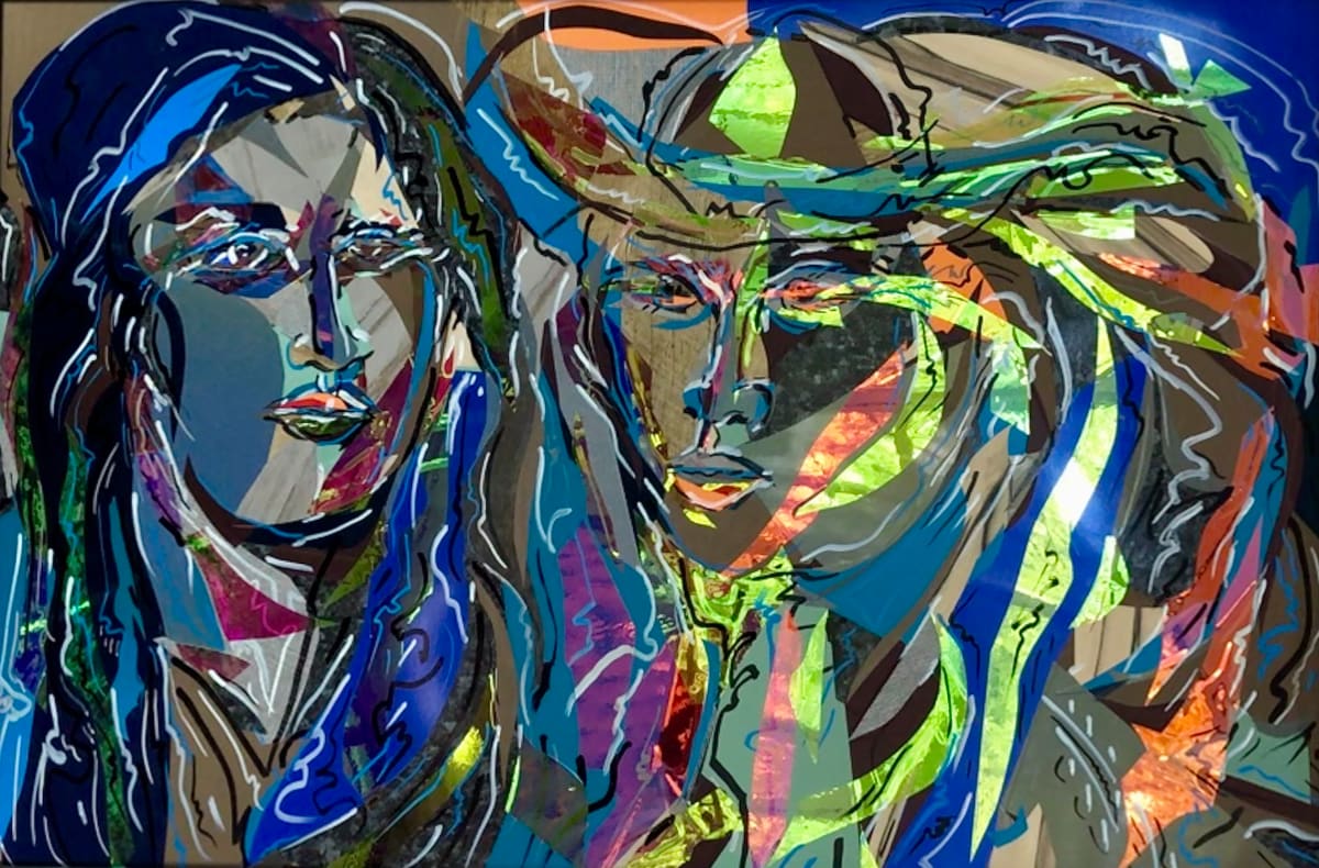 Los Maridos en Azul by Jimmy Longoria  Image: I'm thrilled to reveal "Los Maridos en Azul," my latest artistic creation that explores the theme of partnership and collaboration. This piece, measuring 24 inches by 36 inches, brings life to two abstract, intertwined faces using the vibrant medium of 3M Architectural Vinyls and Prismatic Films. Through a captivating blend of electric blues, greens, pinks, and oranges, these faces emerge from bold lines and strokes, generating a sense of movement and energy. Inspired by the idea of a farmer and his wife, this artwork captures the essence of two individuals united in their shared endeavor to cultivate life and food. The contrasting colors highlight the faces' features, adding depth and harmony to the composition. I'm eager to share the dynamic and vibrant spirit of this artwork with you, celebrating the beauty of unity and collaboration.