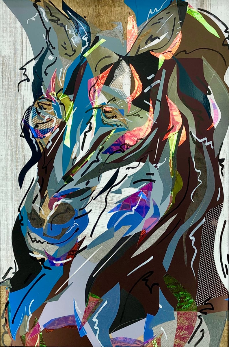 Caballo Series:   Gallop Ready by Jimmy Longoria  Image: Caballo is an exploration of the use of a mixture of vinyls and films with marker overdrawing.  The results give the horse a changing expression at the slightest variation of viewing perspective.  The subtle changes in color and light refraction provide a promise for articulating portraiture.  I am intrigued by the potential of subtle expression changes activated by the subtle movements of the viewer.  This piece is the first test to bring together my signature noodle-stroke executed in enamel marker and compositional architecture of working with biomorphic mosaic elements.