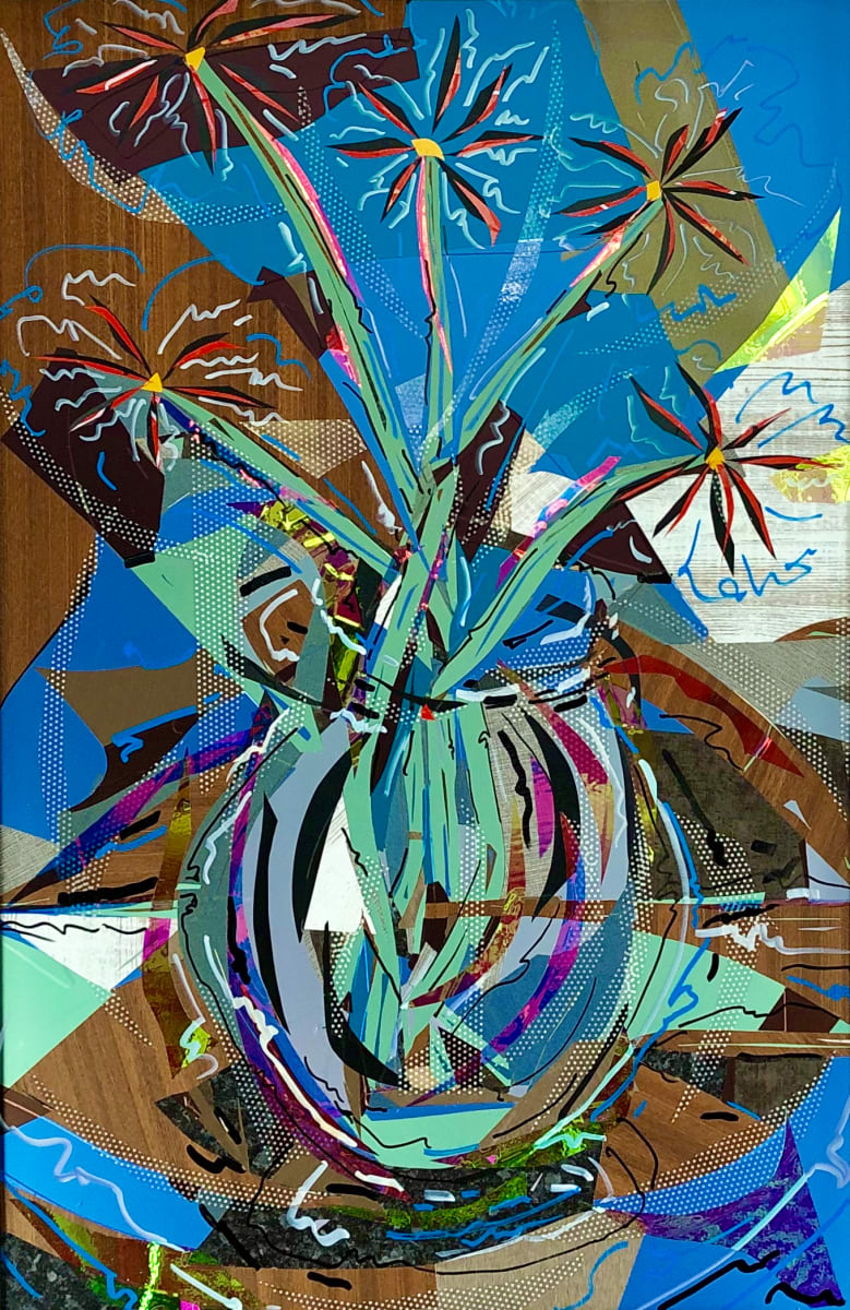 Exploding Daisies by Jimmy Longoria  Image: "Exploding Daisies" is a vibrant and dynamic piece measuring 34"H x 22"W. This creation brings together 3M vinyls and prismatic films to depict an abstract vase of flowers, using bold geometric shapes and vivid colors such as blues, greens, and browns. My exploration into the prismatic effects of these materials aims to create an animated illusion, breathing life into a floral still life. The elongated stems and radiating petals add to the energetic feel of the piece, while the layered lines of the vase contribute to a sense of movement and depth. "Exploding Daisies" represents my journey in pushing the limits of the static medium towards an animated experience.